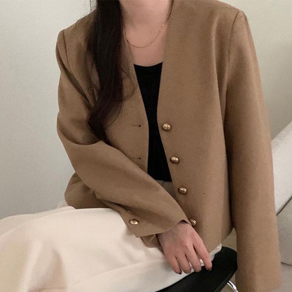 women's jackets 2021 autumn korean fashion retro temperament solid v-neck chic metal buttons loose wild casual long-sleeved jacket wome, Black;brown
women's jackets 2021 autumn korean fashion retro temperament solid v-neck chic metal buttons loose wild casual long-sleeved jacket wome, Black;brown