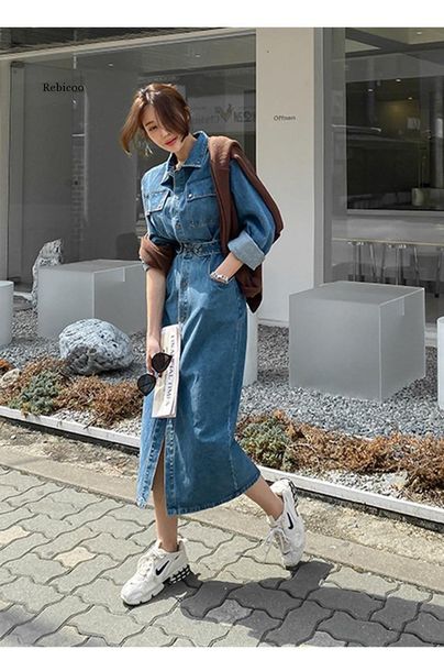 casual dresses streetwear turn-down collar slim denim dress women chic single-breasted full sleeve split jeans 2021, Black;gray
casual dresses streetwear turn-down collar slim denim dress women chic single-breasted full sleeve split jeans 2021, Black;gray