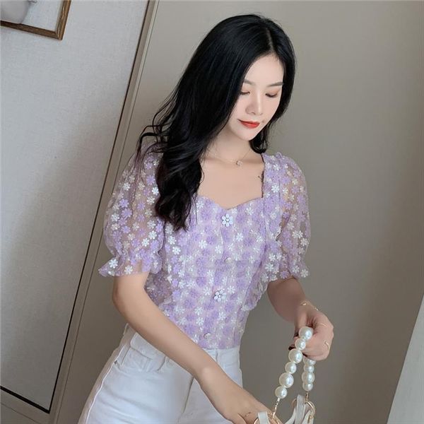 summer flowers embroidered womens shirts square neck puff sleeve mesh dames blouse see through crop fashion shirt purple, White
summer flowers embroidered womens shirts square neck puff sleeve mesh dames blouse see through crop fashion shirt purple, White