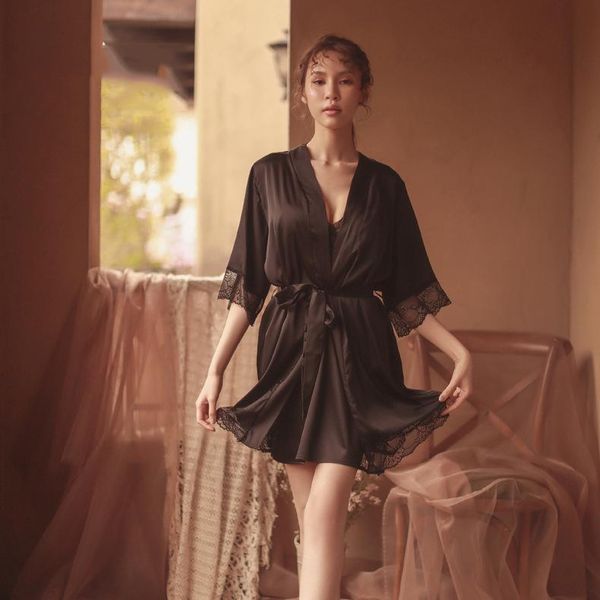 women's sleepwear 2021 silk set floral printed lace satin comfortable loungewear for women with belt, Black;red
women's sleepwear 2021 silk set floral printed lace satin comfortable loungewear for women with belt, Black;red