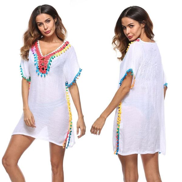 women bathing suit bikini cover up v-neck crochet pompom tassel beach dress q39c women's swimwear, White;black
women bathing suit bikini cover up v-neck crochet pompom tassel beach dress q39c women's swimwear, White;black