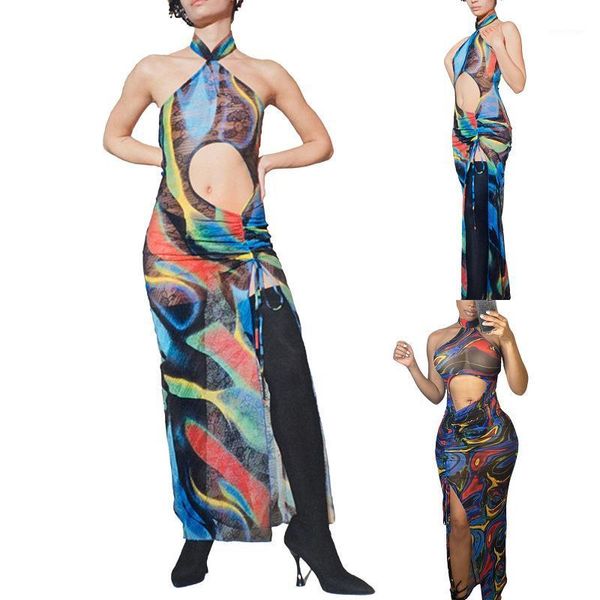 casual dresses women printed hollow-out halter dress, see-through sleeveless side split high waist long dress, Black;gray
casual dresses women printed hollow-out halter dress, see-through sleeveless side split high waist long dress, Black;gray