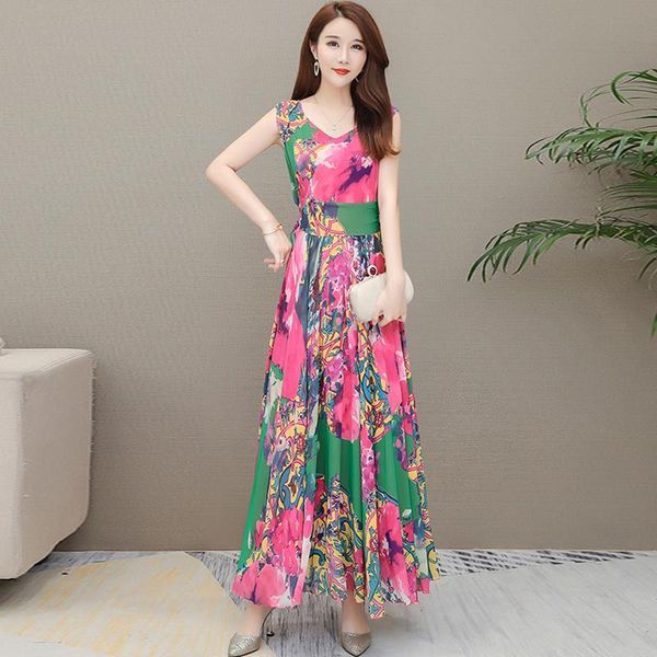 casual dresses women 2021 spring summer slim sleeveless v-neck floral print long dress female big swing bohemia vestidos r98, Black;gray 
casual dresses women 2021 spring summer slim sleeveless v-neck floral print long dress female big swing bohemia vestidos r98, Black;gray