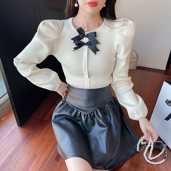 women's sweaters 2021 autumn and winter temperament ladies puff sleeve bow long knit sweater pullover bottoming knitwear, White;black
women's sweaters 2021 autumn and winter temperament ladies puff sleeve bow long knit sweater pullover bottoming knitwear, White;black
