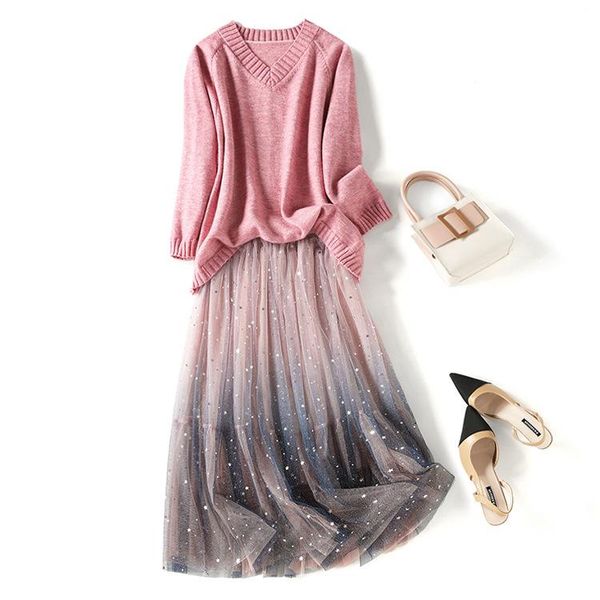 autumn winter women girls pink sweater loose style knitted and elastic waist sequined mesh skirt two piece set women's tracksuits, Gray
autumn winter women girls pink sweater loose style knitted and elastic waist sequined mesh skirt two piece set women's tracksuits, Gray