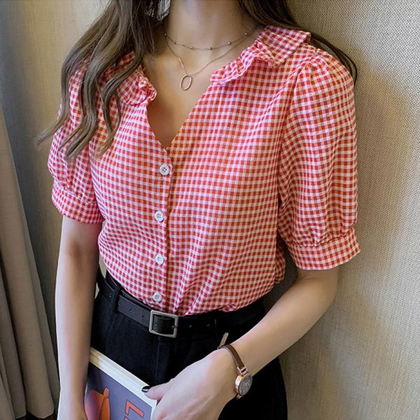women's blouses & shirts women plaid 2021 summer short sleeve ruffled collar casual clothing female blusas loose 4xl plus size, White
women's blouses & shirts women plaid 2021 summer short sleeve ruffled collar casual clothing female blusas loose 4xl plus size, White