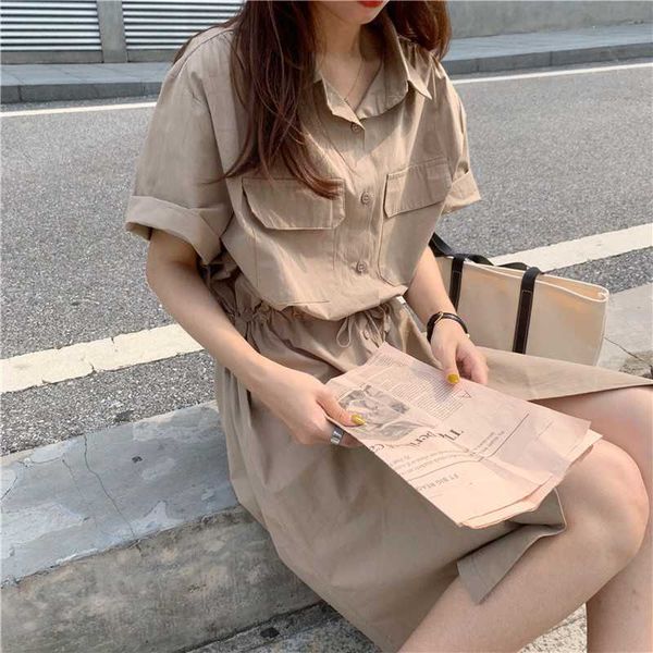 loose casual single-breasted khaki lapel short sleeve drawstring dress summer safari style wild slim vestido feminino waist 210610, Black;gray
loose casual single-breasted khaki lapel short sleeve drawstring dress summer safari style wild slim vestido feminino waist 210610, Black;gray