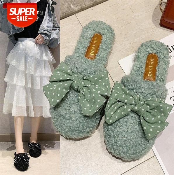 baotou hairy slippers, women's flat-bottomed bowknot and velvet to keep warm, shoes trend #qk3i, Black