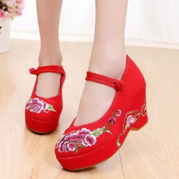 dress shoes spring autumn china style increasing height platform shallow embroiders buckle canvas women pumps ladies casual 0729, Black