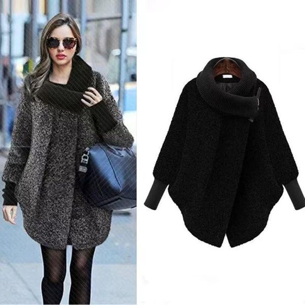 women's wool & blends fashion knitted scarf collar cashmere coats women bat sleeved woollen autumn winter thick windproof poncho overco, Black
women's wool & blends fashion knitted scarf collar cashmere coats women bat sleeved woollen autumn winter thick windproof poncho overco, Black