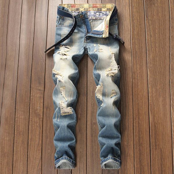 mens ripped jeans european and american style new youth retro old light- frayed straight trousers, Blue
mens ripped jeans european and american style new youth retro old light- frayed straight trousers, Blue
