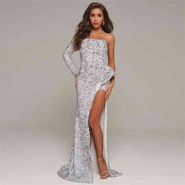 summer women silver sequins one shoulder long sleeve dress floor length club evening runway party maxi 210507, Black;gray
summer women silver sequins one shoulder long sleeve dress floor length club evening runway party maxi 210507, Black;gray