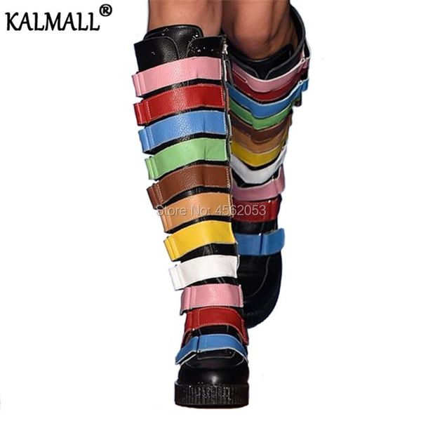 boots kalmall mixed colors runway shoes autumn winter thick flats platform botas women magic sticker rainbow strap knee high, Black
boots kalmall mixed colors runway shoes autumn winter thick flats platform botas women magic sticker rainbow strap knee high, Black
