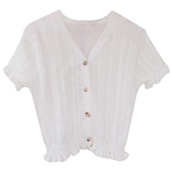 women's t-shirt 2021 summer vintage solid v-neck knit cardigan short sleeve women, White
women's t-shirt 2021 summer vintage solid v-neck knit cardigan short sleeve women, White
