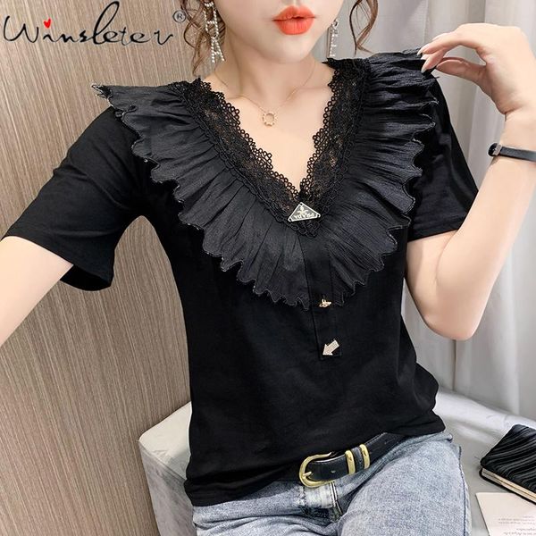 women's t-shirt summer european clothes fashion ruffles v-neck button patchwork lace women short sleeve tees 2021 t14718a, White
women's t-shirt summer european clothes fashion ruffles v-neck button patchwork lace women short sleeve tees 2021 t14718a, White