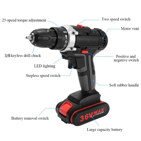 professiona electric drills handheld power tool drill multi-function screwdriver mini wireless driver with 2 lithium ion batteries
professiona electric drills handheld power tool drill multi-function screwdriver mini wireless driver with 2 lithium ion batteries