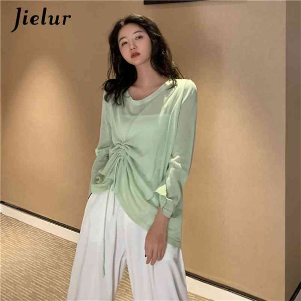 long sleeve chic t shirt women o-neck solid color slim knitted t- loose basic drawstring tee white 210426
long sleeve chic t shirt women o-neck solid color slim knitted t- loose basic drawstring tee white 210426