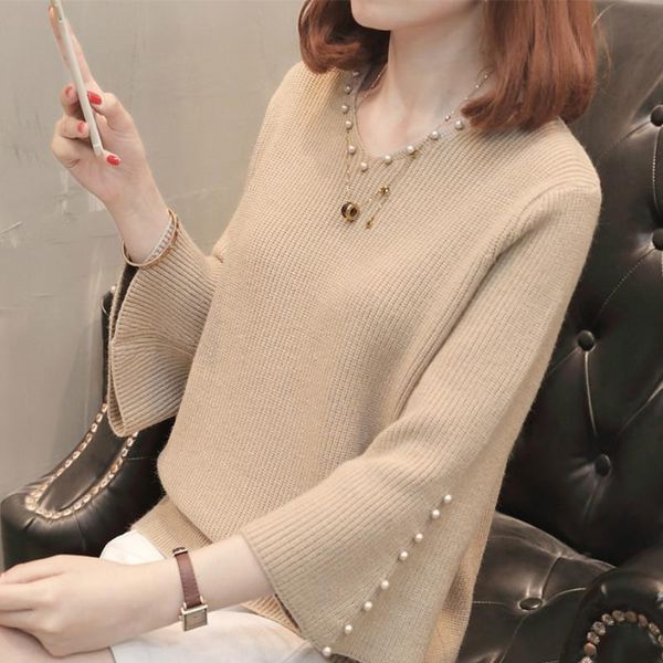 women's sweaters 2021 autumn and winter loose pullover sweater female trumpet sleeve beaded long-sleeved knit bottoming shirt, White;black
women's sweaters 2021 autumn and winter loose pullover sweater female trumpet sleeve beaded long-sleeved knit bottoming shirt, White;black