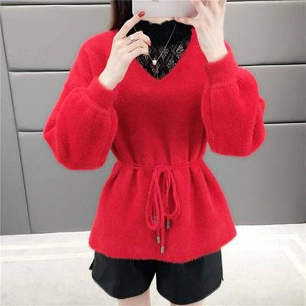 women's sweaters 2021 autumn and winter wear v-neck loose lantern sleeves slim imitation mink velvet bottoming sweater waist women, White;black
women's sweaters 2021 autumn and winter wear v-neck loose lantern sleeves slim imitation mink velvet bottoming sweater waist women, White;black