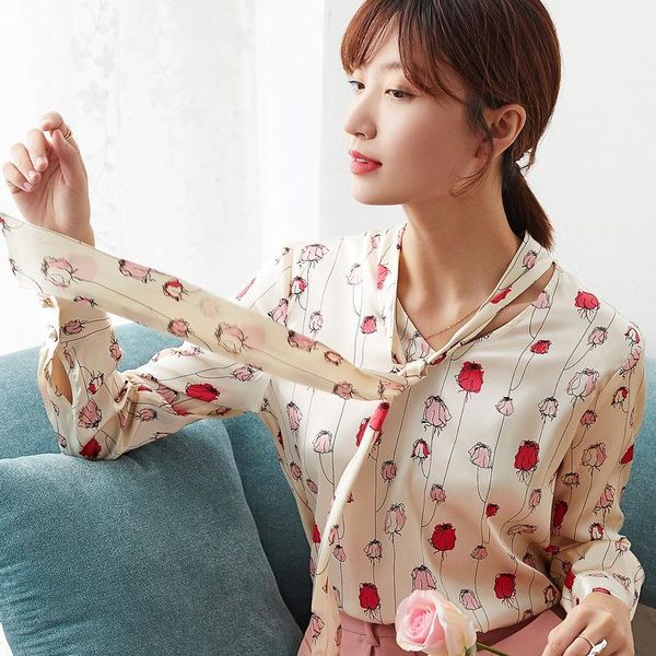 women's blouses & shirts silk rose bud printed shir type of women s long sleeves, White
women's blouses & shirts silk rose bud printed shir type of women s long sleeves, White