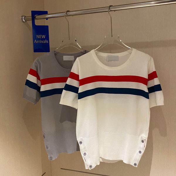 21 summer new brand tb color blocking stripe knitted t-shirt round neck loose leisure fashion virtuous, White
21 summer new brand tb color blocking stripe knitted t-shirt round neck loose leisure fashion virtuous, White