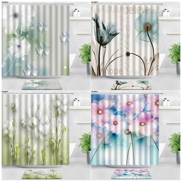 shower curtains waterproof bath mats set simple flowers tulip fashion nordic home decor door pad bathroom rug wc non-slip carpet