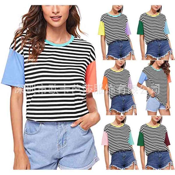 women's t-shirt fashion stripe splicing short sleeve 2021 spring summer contrast 0i6s, White
women's t-shirt fashion stripe splicing short sleeve 2021 spring summer contrast 0i6s, White
