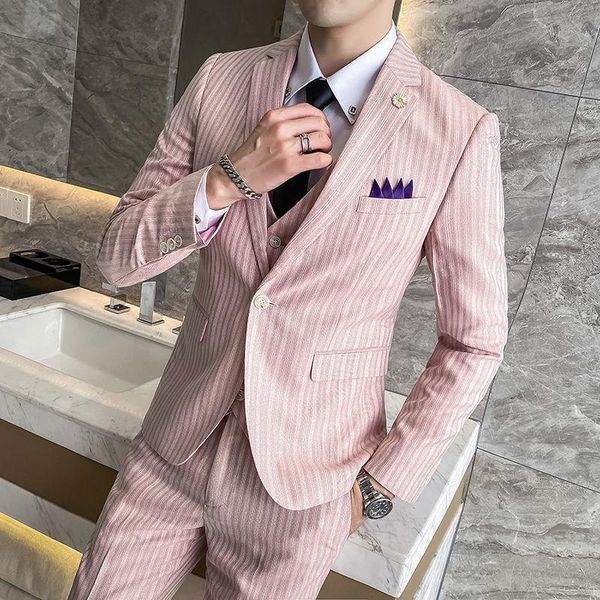 men's suits & blazers 3pcs narrow stripe men suit design 2021 yellow pink khaki slim moking homme mariage mens wedding ternos para homb, White;black
men's suits & blazers 3pcs narrow stripe men suit design 2021 yellow pink khaki slim moking homme mariage mens wedding ternos para homb, White;black