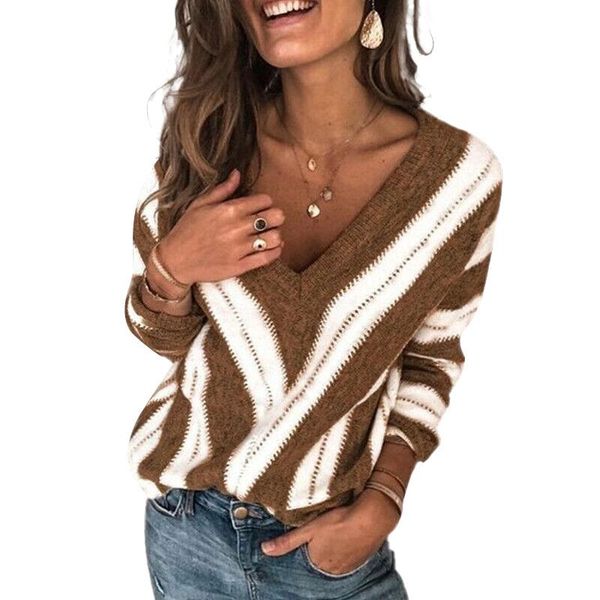 women knitted sweaters autumn fashion deep v neck long sleeve sweater loose striped pullovers women's, White;black
women knitted sweaters autumn fashion deep v neck long sleeve sweater loose striped pullovers women's, White;black