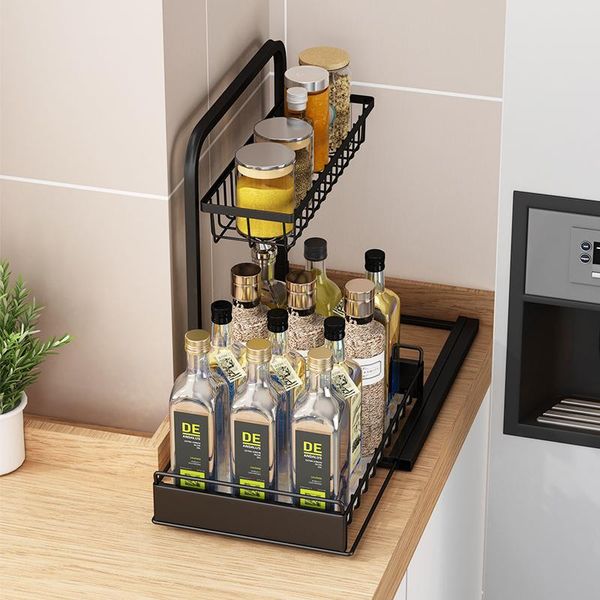 multi-functional kitchen supplies table condiment racks contain pullable basket drawers-style multi-layer shelves storage bottles & jar 
multi-functional kitchen supplies table condiment racks contain pullable basket drawers-style multi-layer shelves storage bottles & jar