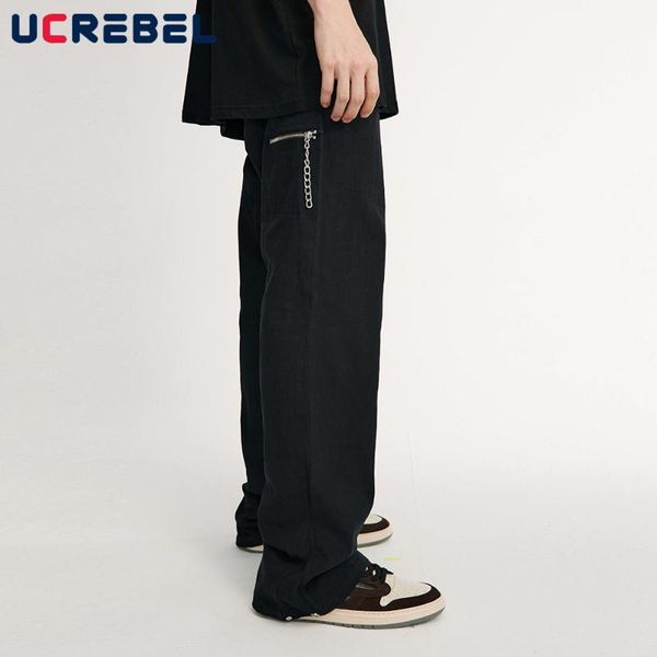 men's pants chain decoration casual mens streetwear solid color loose straight-leg trousers men, Black
men's pants chain decoration casual mens streetwear solid color loose straight-leg trousers men, Black