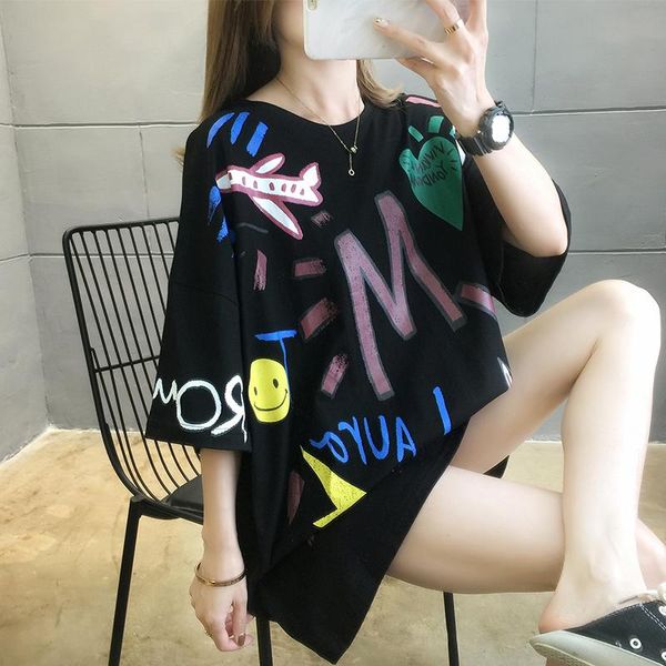 summer korean version loose print graffiti cartoon plus size women's mid-length short-sleeved t-shirt women, White
summer korean version loose print graffiti cartoon plus size women's mid-length short-sleeved t-shirt women, White