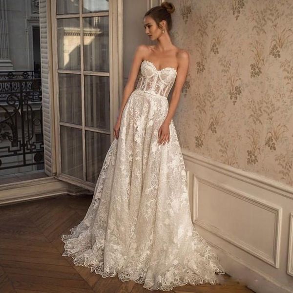 a line lace wedding dress bridal gowns strapless appliqued sweep train backless bride dresses plus size, White
a line lace wedding dress bridal gowns strapless appliqued sweep train backless bride dresses plus size, White