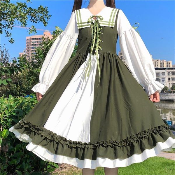japanese sweet soft girl green womens dress lolita kawaii sailor collar contrast cross bandage bow cute ruffles lantern sleeve dresses, Black;gray
japanese sweet soft girl green womens dress lolita kawaii sailor collar contrast cross bandage bow cute ruffles lantern sleeve dresses, Black;gray