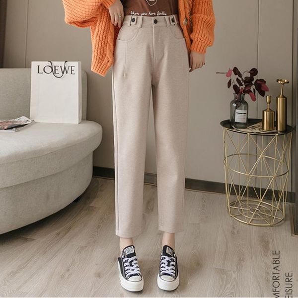 women's pants & capris aiyanga women casual autumn winter lady's thick wool clothing elastic high waist long trousers, Black;white