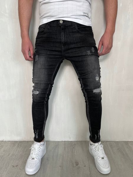 men washed ripped skinny jeans 7644#, Blue