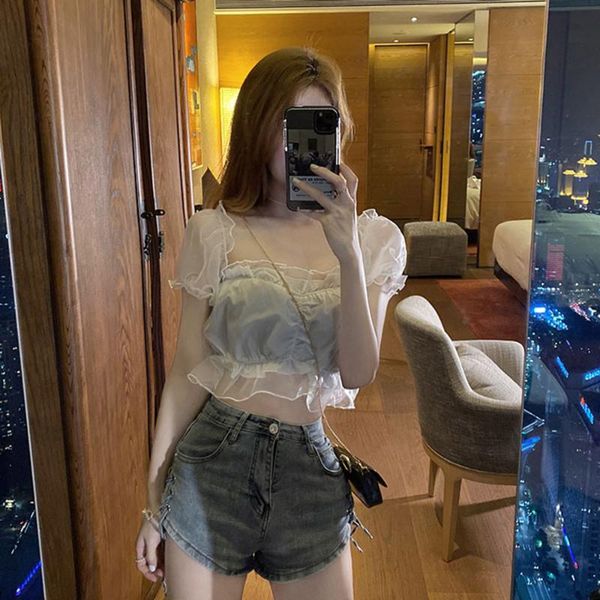 women's blouses & shirts women short blouse mesh puff sleeves design niche french style shoulder high waist young fashion summer te, White
women's blouses & shirts women short blouse mesh puff sleeves design niche french style shoulder high waist young fashion summer te, White