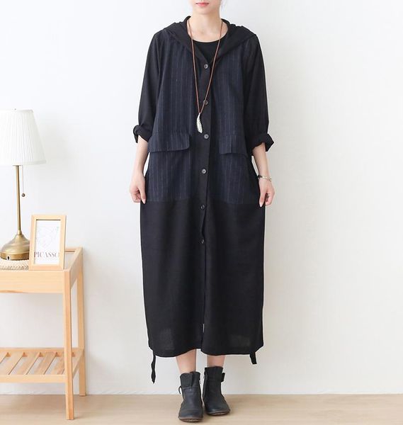 women's trench coats fairynatural ladies hooded retro button linen patchwork 2021 spring autumn pockets women casual bandage, Tan;black 
women's trench coats fairynatural ladies hooded retro button linen patchwork 2021 spring autumn pockets women casual bandage, Tan;black