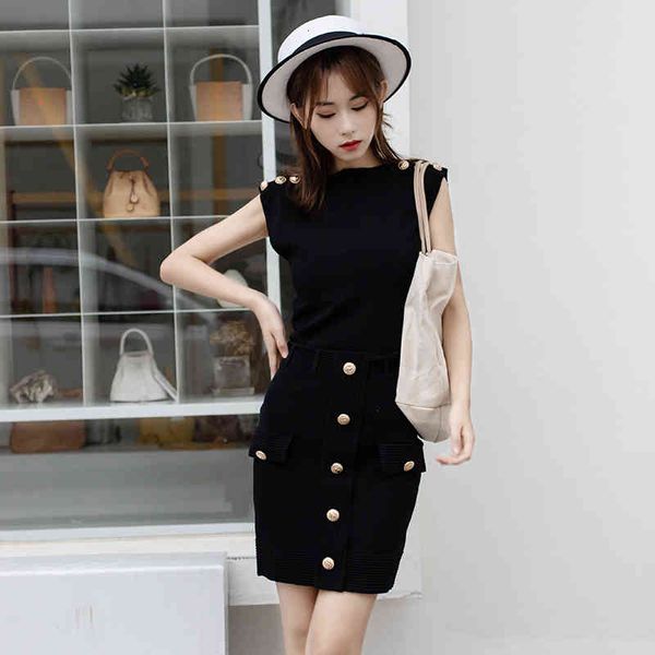 skirts summer women's sleeveless sweater suit gold button two piece knitted black pullover and bodycon mini skirt set 
skirts summer women's sleeveless sweater suit gold button two piece knitted black pullover and bodycon mini skirt set