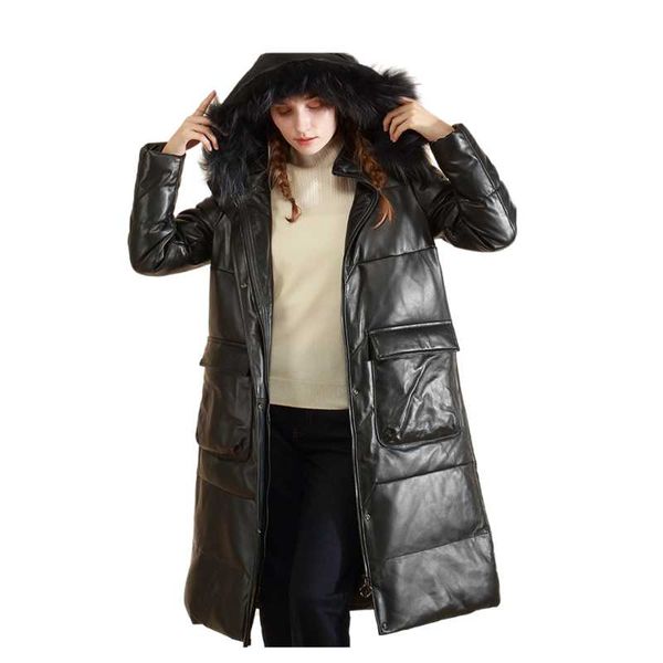 women's leather & faux winter down jacket plus size hooded thicken raccoon fur long coat large sheepskin, Black
women's leather & faux winter down jacket plus size hooded thicken raccoon fur long coat large sheepskin, Black