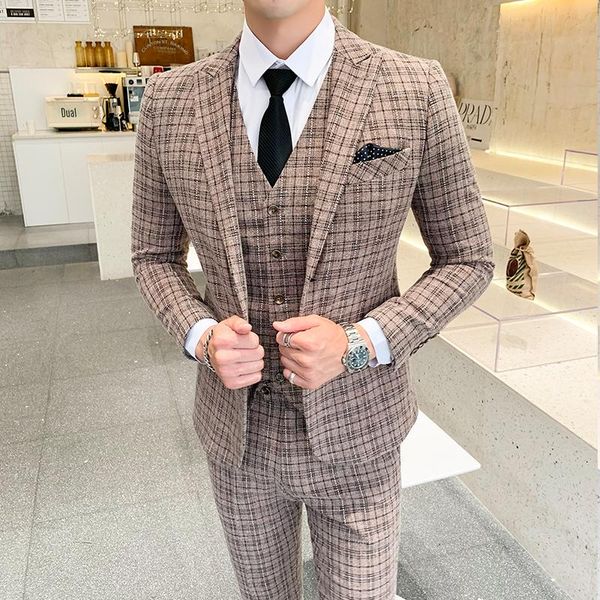 men's suits & blazers 2021 slim fit male blazer wedding groom tuxedos men suit beige grid mens business three piece jacket pants vest s, White;black
men's suits & blazers 2021 slim fit male blazer wedding groom tuxedos men suit beige grid mens business three piece jacket pants vest s, White;black