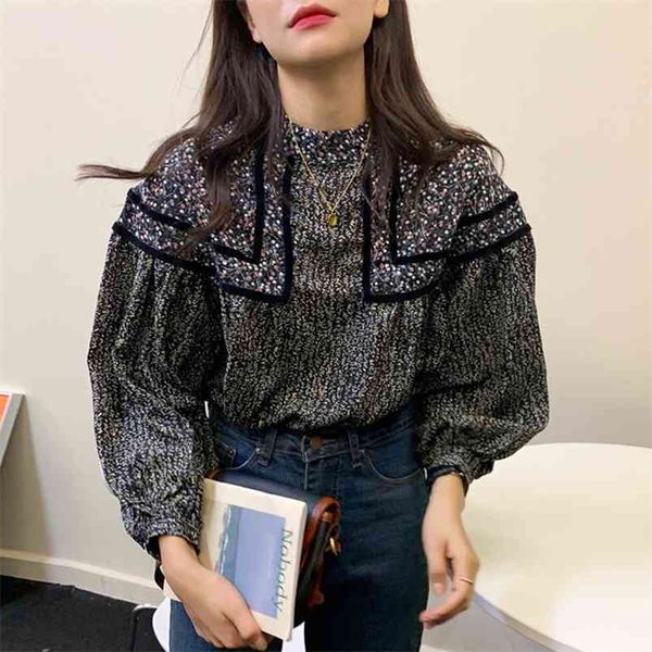 retro western style full screen floral stand collar stitching contrast color loose lantern sleeve doll shirt women gx1308 210507, White;black
retro western style full screen floral stand collar stitching contrast color loose lantern sleeve doll shirt women gx1308 210507, White;black