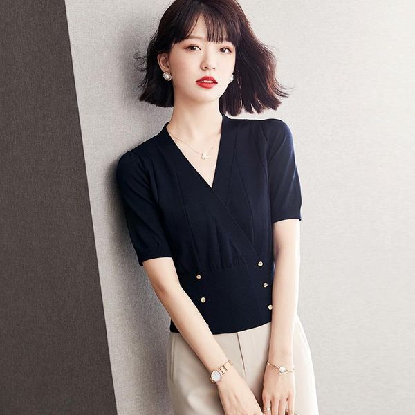fashion cross v-neck knitted t-shirt women 2021 summer office lady double breasted deep blue tee femme women's, White
fashion cross v-neck knitted t-shirt women 2021 summer office lady double breasted deep blue tee femme women's, White