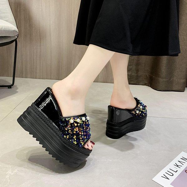platform wedge slippers women pearl sequin cloth height increase shoes summer casual open toe thick sole slides, Black
platform wedge slippers women pearl sequin cloth height increase shoes summer casual open toe thick sole slides, Black