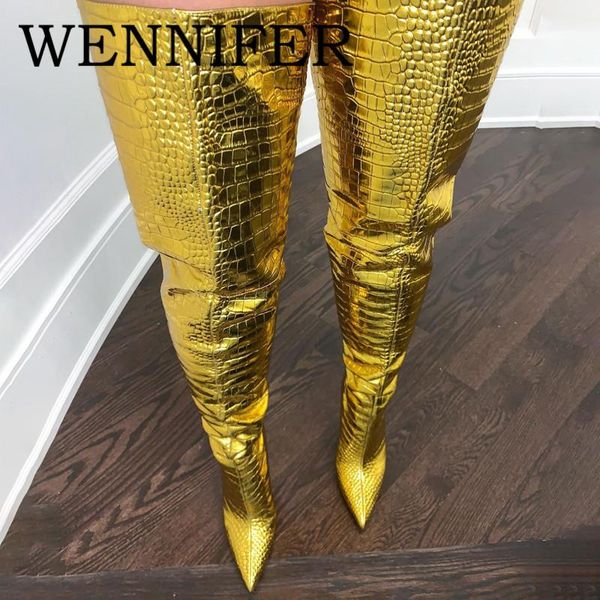 boots 2021 metallic leather women long pointy golden crocodile pattern stiletto heels runway thigh high heel botas mujer, Black
boots 2021 metallic leather women long pointy golden crocodile pattern stiletto heels runway thigh high heel botas mujer, Black