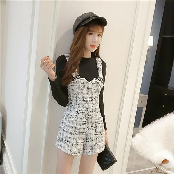 high waist one piece womens romper overalls woolen plaid wide leg shorts women autumn and winter tweed rompers, Black;white
high waist one piece womens romper overalls woolen plaid wide leg shorts women autumn and winter tweed rompers, Black;white