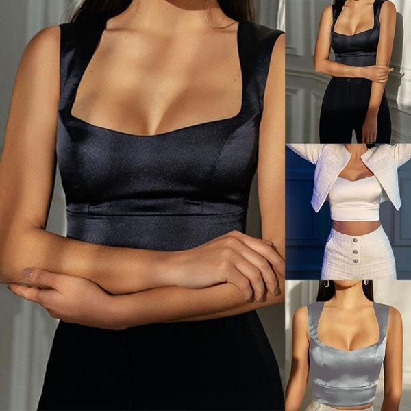 women summer sleeveless satin tank low chest square neck corset crop vest solid color retro slim fitting streetwear women's tanks &, White
women summer sleeveless satin tank low chest square neck corset crop vest solid color retro slim fitting streetwear women's tanks &, White