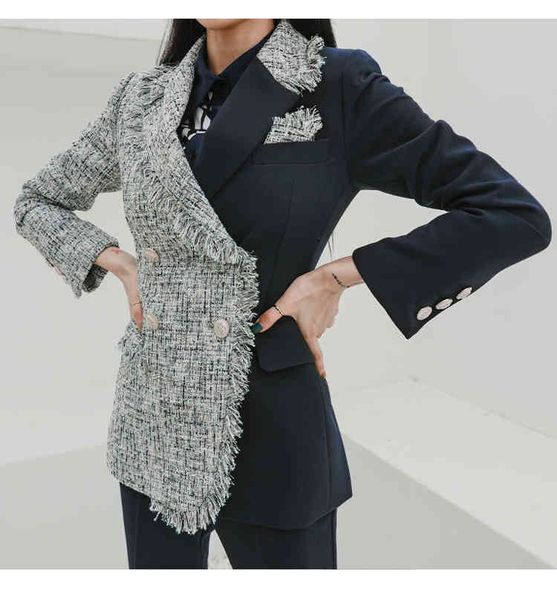 women's two piece pants autumn lady office formal set women suit double breated tweed patchwork blazer slim flare t06s, White
women's two piece pants autumn lady office formal set women suit double breated tweed patchwork blazer slim flare t06s, White
