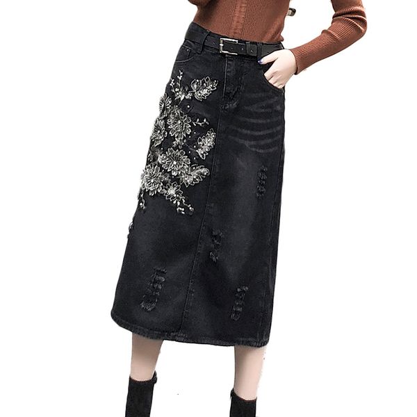 skirts women's denim skirt, embroidered hip flower bag, high waist with hole, black, 5xl, spring 
skirts women's denim skirt, embroidered hip flower bag, high waist with hole, black, 5xl, spring