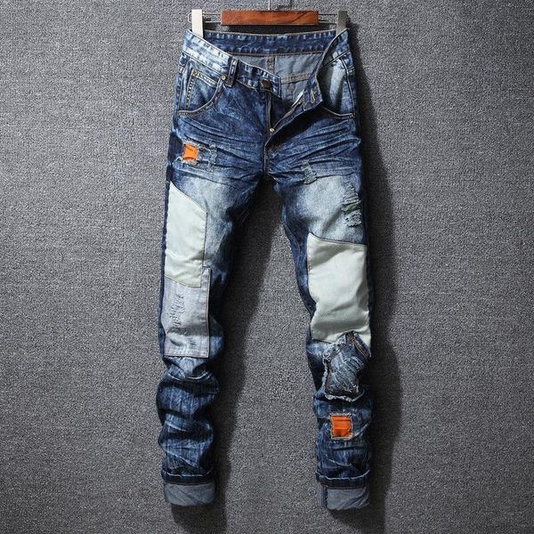 men's fashion trend jeans locomotive denim pants slim fit straight distressed trousers, Blue
men's fashion trend jeans locomotive denim pants slim fit straight distressed trousers, Blue
